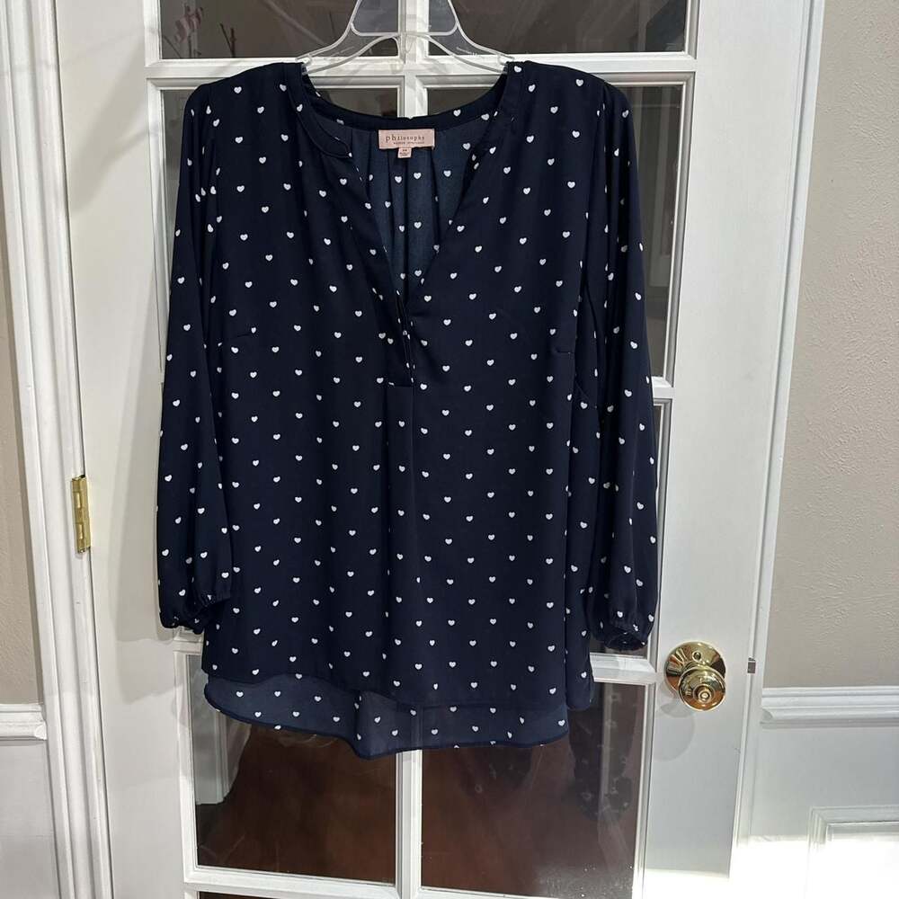Philosophy Navy Blue Heart Print Blouse, Long Sleeve V-Neck, Size XXL